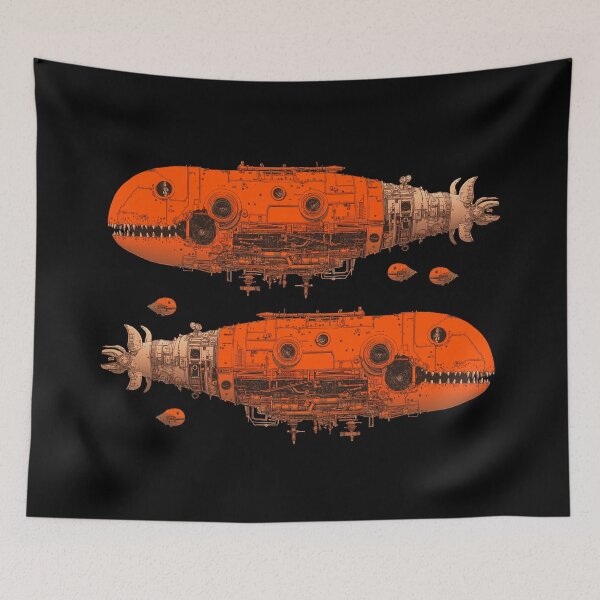 Item preview, Vintage Medieval Steampunk Spaceship Fish with Baby Hatchling Comic Book Illustration, Mechanical Surrealism, Technology Fantasy Utopia, Cyberpunk Botanical Illustration  designed and sold by MarikoDesignArt.