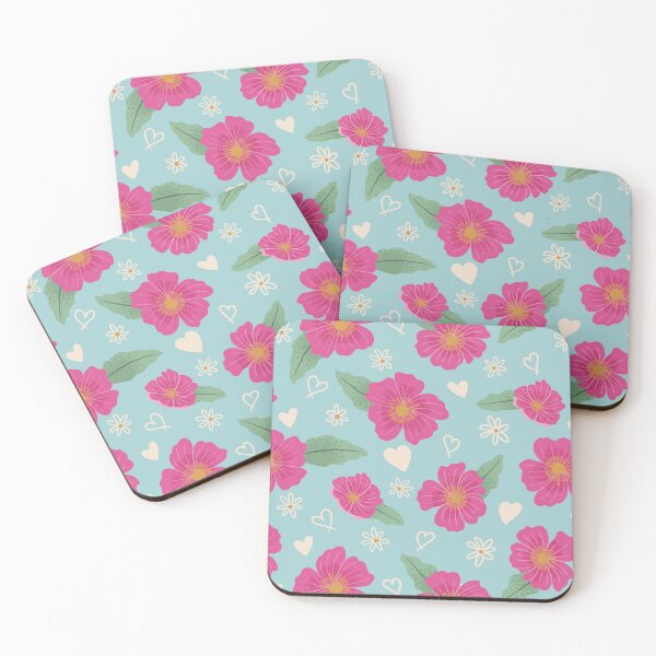 Item preview, Pink flowers with hearts on baby blue background designed and sold by Blooming June Design.