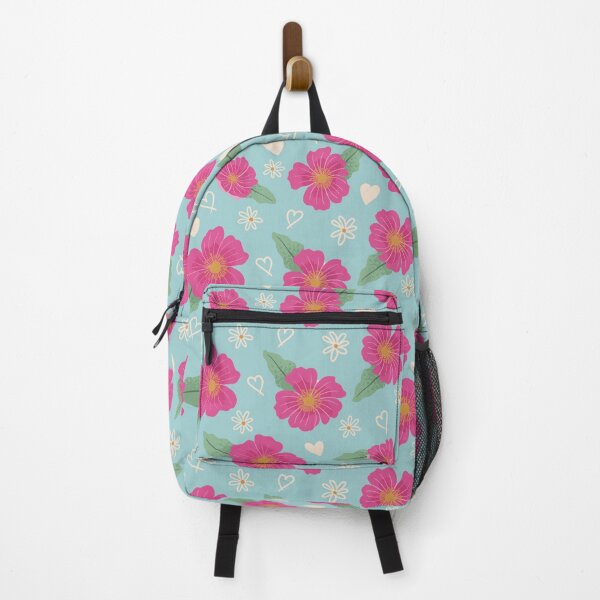 Item preview, Pink flowers with hearts on baby blue background designed and sold by Blooming June Design.