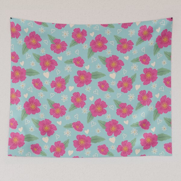 Item preview, Pink flowers with hearts on baby blue background designed and sold by Blooming June Design.