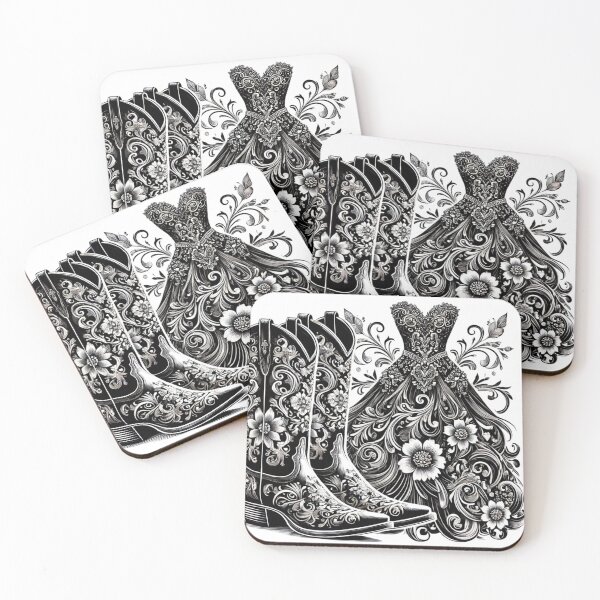 Item preview, Black and White Floral Cowboy Boots and Gown - Western Elegance Art designed and sold by Desireehaz.