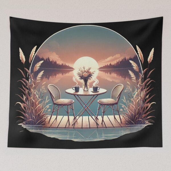Item preview, Lakeside Coffee for Two - Romantic Sunset Scene designed and sold by Desireehaz.