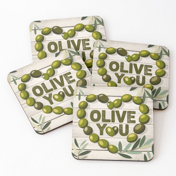 Item preview, Olive you text in olive green hues in heart shape formef of olive berries and olive leaves in the corners designed and sold by EmeraldeaArt.