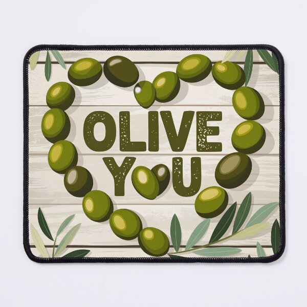 Item preview, Olive you text in olive green hues in heart shape formef of olive berries and olive leaves in the corners designed and sold by EmeraldeaArt.