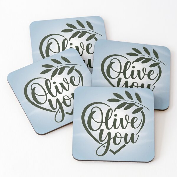 Item preview, Olive you text design in heart and an olive leafy twig over it on pale blue backdrop designed and sold by EmeraldeaArt.
