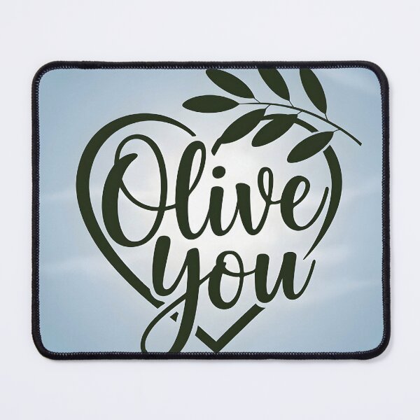 Item preview, Olive you text design in heart and an olive leafy twig over it on pale blue backdrop designed and sold by EmeraldeaArt.