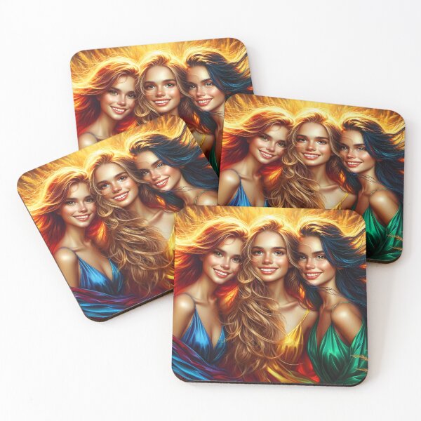 Item preview, Three beautiful young girls wearing glowing satin dresses glowing backdrop digitalart designed and sold by EmeraldeaArt.
