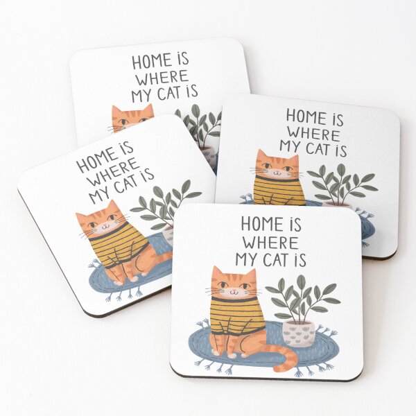 Item preview, A cute poster for cat lovers with a ginger kitten, a fig tree in a pot and a blue carpet with the text "Home is where my cat is." designed and sold by SaraSumi.
