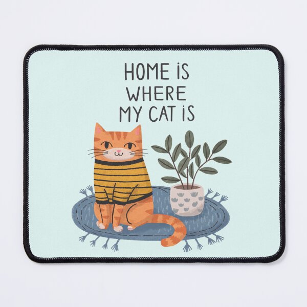 Item preview, A cute poster for cat lovers with a ginger kitten, a fig tree in a pot and a blue carpet with the text "Home is where my cat is." designed and sold by SaraSumi.