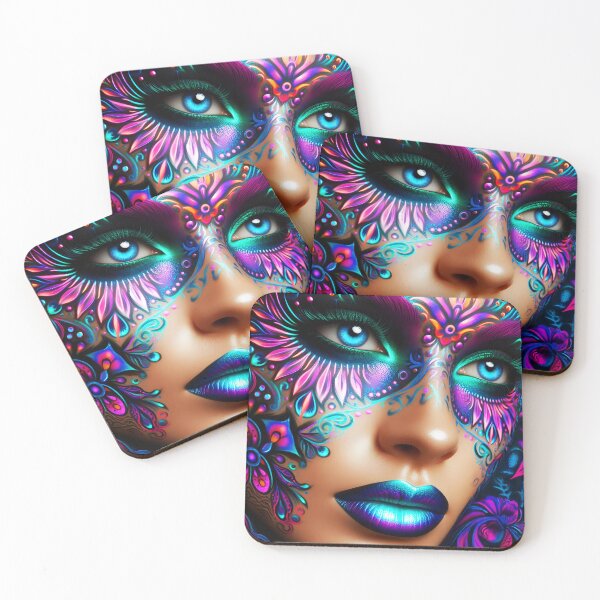 Item preview, Neon floral patterned tattoo faced female skin girl face closeup fantasy portraiture designed and sold by EmeraldeaArt.