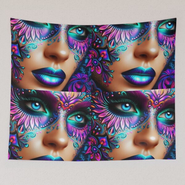 Item preview, Neon floral patterned tattoo faced female skin girl face closeup fantasy portraiture designed and sold by EmeraldeaArt.