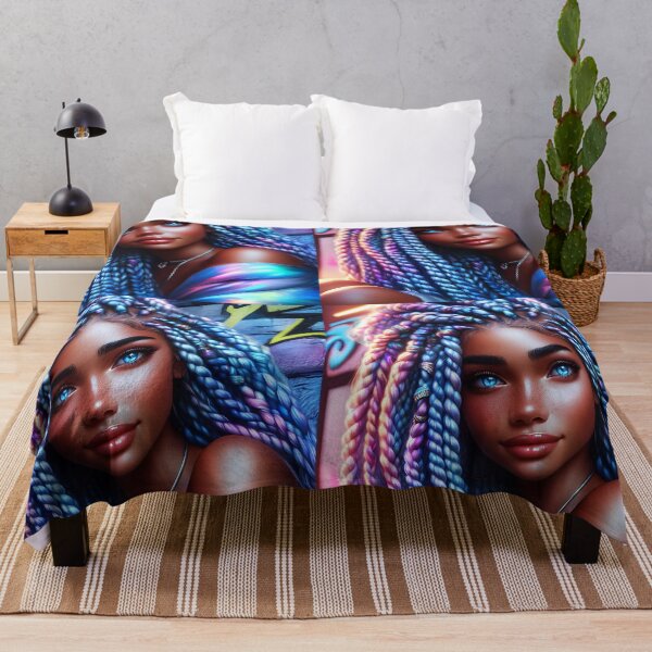 Item preview, beautiful pastel blue-purple braided hair black skin girl against graffiti wall digitalart designed and sold by EmeraldeaArt.