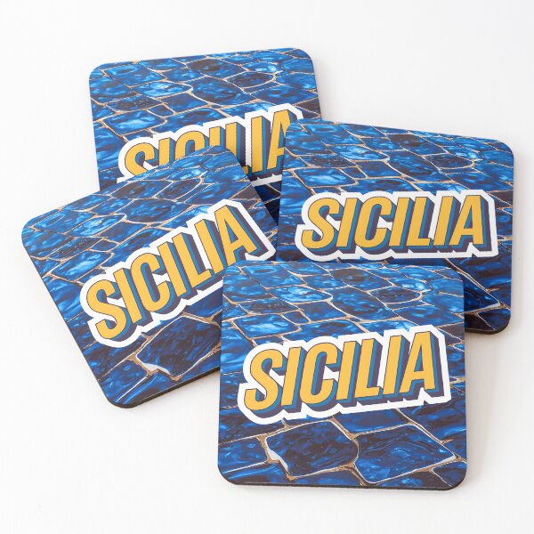 Item preview, Sicilia text sticker style on a blue tile stones background designed and sold by EmeraldeaArt.