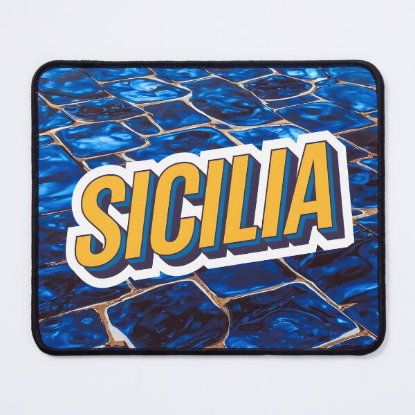 Item preview, Sicilia text sticker style on a blue tile stones background designed and sold by EmeraldeaArt.