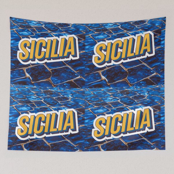 Item preview, Sicilia text sticker style on a blue tile stones background designed and sold by EmeraldeaArt.