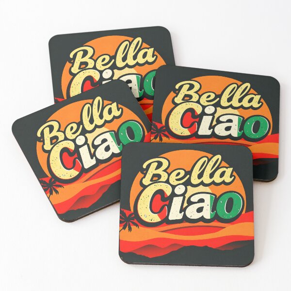 Item preview, Bella Ciao text on vintage retro palm tree orange sunset design italian color themed designed and sold by EmeraldeaArt.