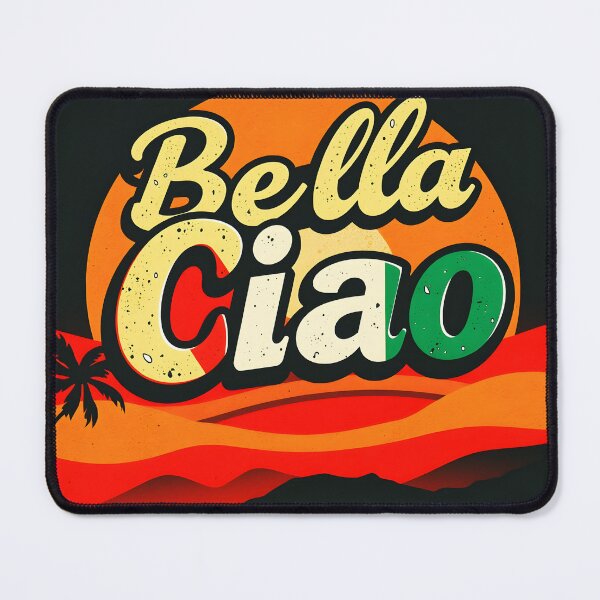 Item preview, Bella Ciao text on vintage retro palm tree orange sunset design italian color themed designed and sold by EmeraldeaArt.