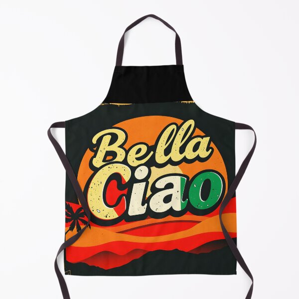 Item preview, Bella Ciao text on vintage retro palm tree orange sunset design italian color themed designed and sold by EmeraldeaArt.