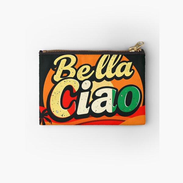 Item preview, Bella Ciao text on vintage retro palm tree orange sunset design italian color themed designed and sold by EmeraldeaArt.