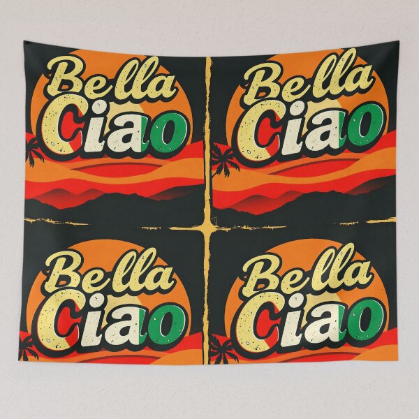 Item preview, Bella Ciao text on vintage retro palm tree orange sunset design italian color themed designed and sold by EmeraldeaArt.