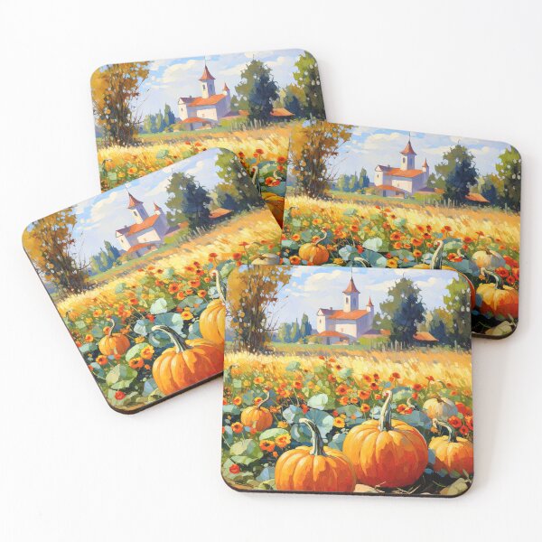 Item preview, Pumpkins in rural fields with village faraway - Landscape painting designed and sold by TheArtistOf2022.