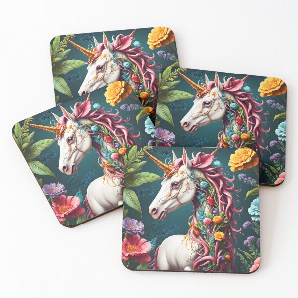 Item preview, Botanical floral overgrown white unicorn gold horn among tall giant colorful flowers digitalart designed and sold by EmeraldeaArt.