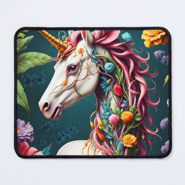 Item preview, Botanical floral overgrown white unicorn gold horn among tall giant colorful flowers digitalart designed and sold by EmeraldeaArt.