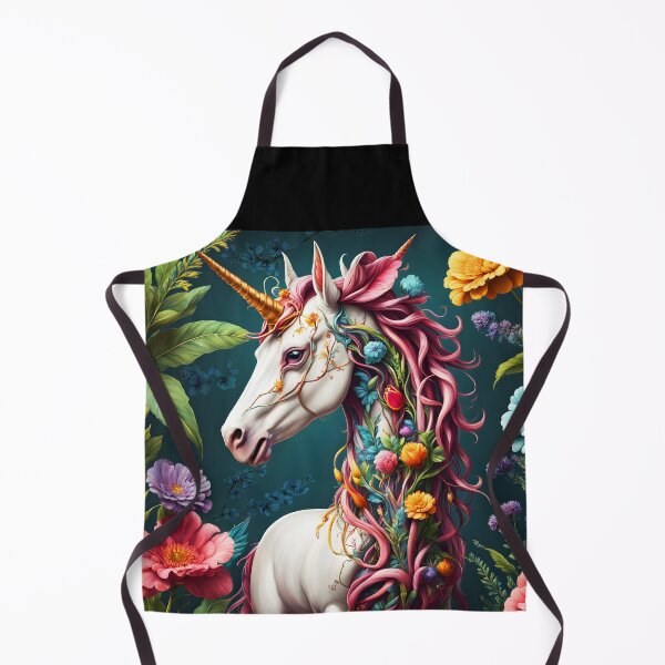 Item preview, Botanical floral overgrown white unicorn gold horn among tall giant colorful flowers digitalart designed and sold by EmeraldeaArt.