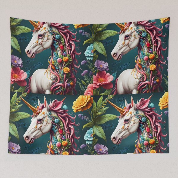Item preview, Botanical floral overgrown white unicorn gold horn among tall giant colorful flowers digitalart designed and sold by EmeraldeaArt.