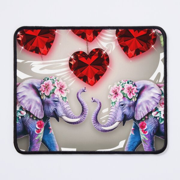 Item preview, two floral elephants decorated with pastel pink flowers and red heart gems love themed design designed and sold by EmeraldeaArt.