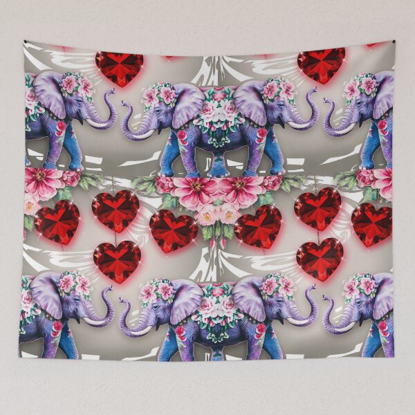 Item preview, two floral elephants decorated with pastel pink flowers and red heart gems love themed design designed and sold by EmeraldeaArt.