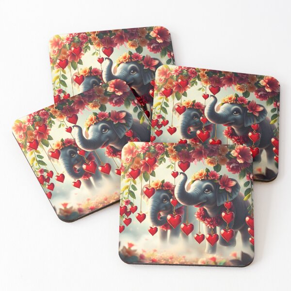 Item preview, Two flowers decorated cute elephants under pink blooming leafy arch with dangling shiny hearts digitalart designed and sold by EmeraldeaArt.