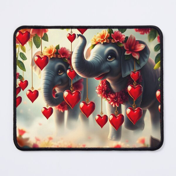 Item preview, Two flowers decorated cute elephants under pink blooming leafy arch with dangling shiny hearts digitalart designed and sold by EmeraldeaArt.