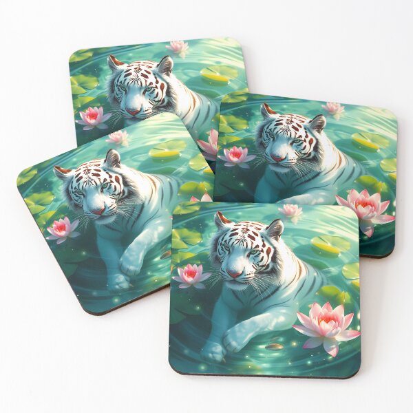 Item preview, Swimming bathing white tiger in green lake among waterlilies beautiful feline big cat digital art animal portraiture designed and sold by EmeraldeaArt.