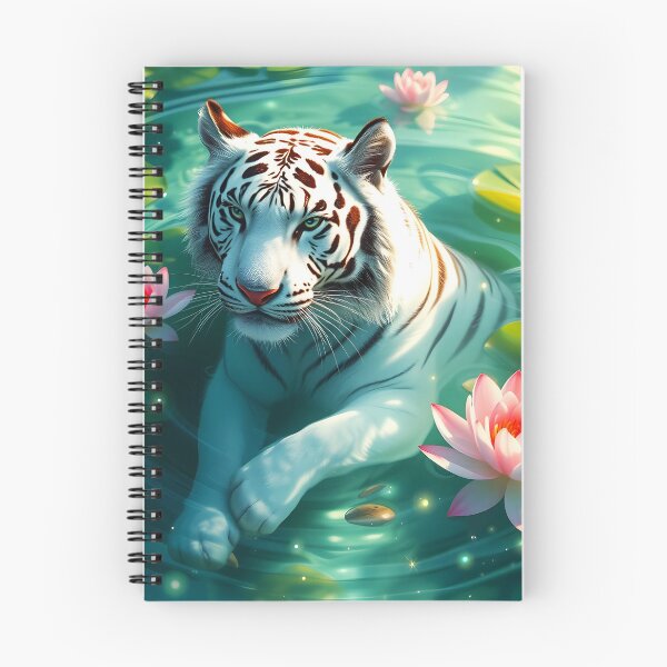Item preview, Swimming bathing white tiger in green lake among waterlilies beautiful feline big cat digital art animal portraiture designed and sold by EmeraldeaArt.