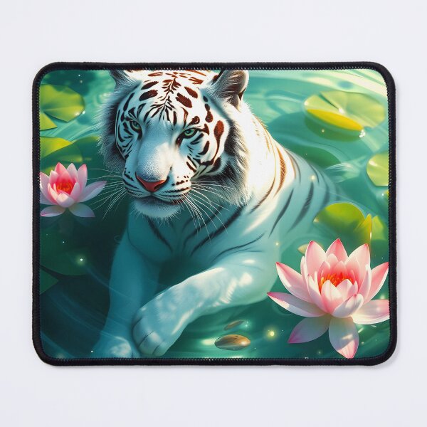 Item preview, Swimming bathing white tiger in green lake among waterlilies beautiful feline big cat digital art animal portraiture designed and sold by EmeraldeaArt.