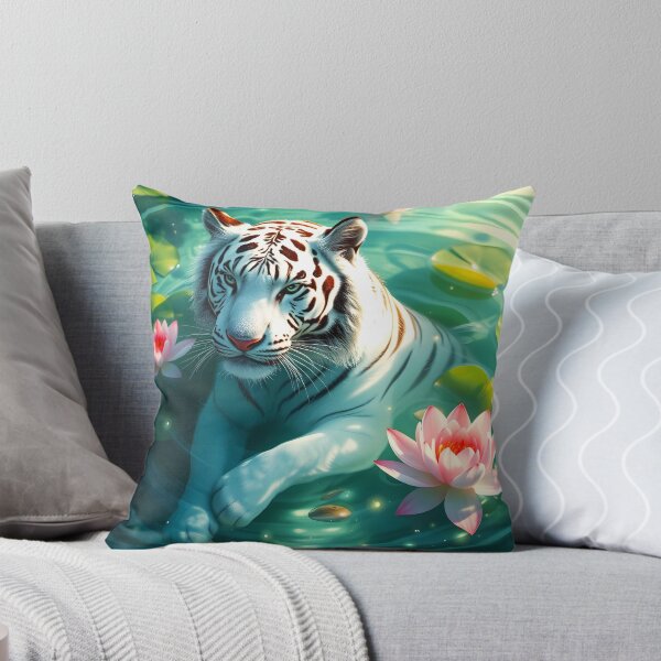 Item preview, Swimming bathing white tiger in green lake among waterlilies beautiful feline big cat digital art animal portraiture designed and sold by EmeraldeaArt.