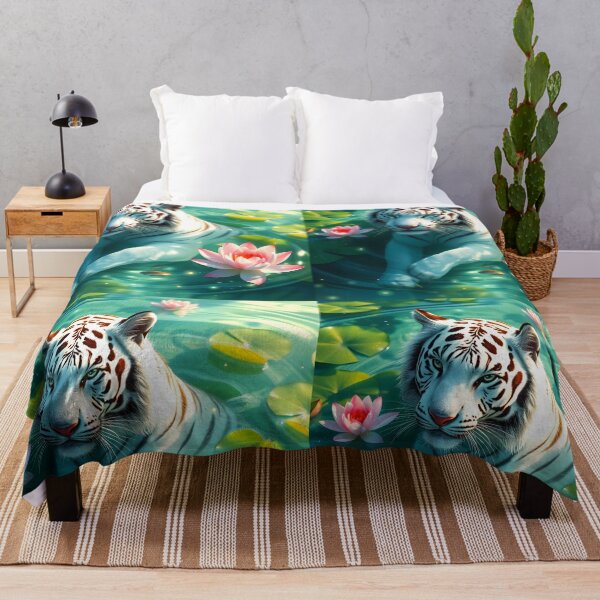 Item preview, Swimming bathing white tiger in green lake among waterlilies beautiful feline big cat digital art animal portraiture designed and sold by EmeraldeaArt.