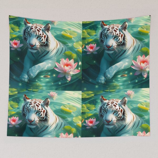 Item preview, Swimming bathing white tiger in green lake among waterlilies beautiful feline big cat digital art animal portraiture designed and sold by EmeraldeaArt.