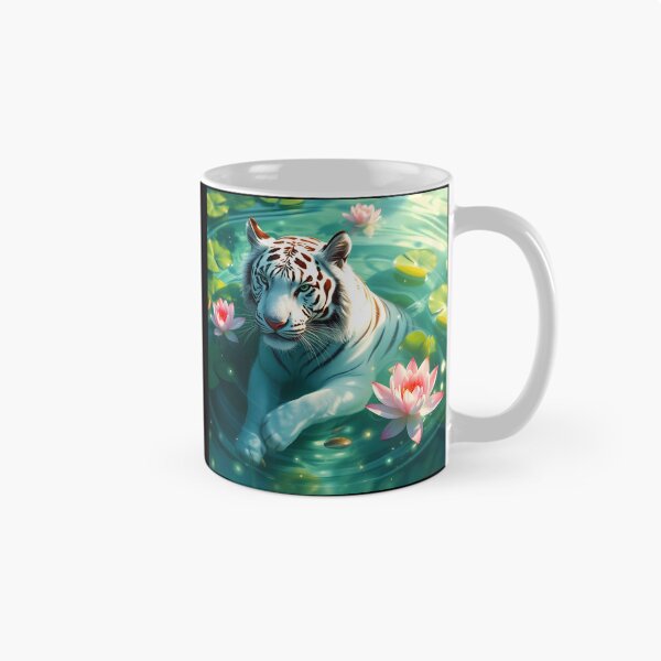 Item preview, Swimming bathing white tiger in green lake among waterlilies beautiful feline big cat digital art animal portraiture designed and sold by EmeraldeaArt.