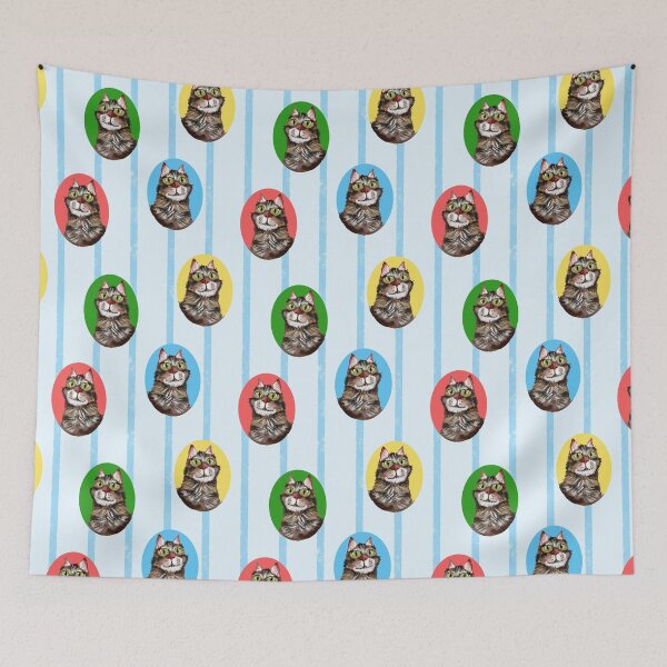 Item preview, A Cats Portrait in Green Red Blue Yellow - Stripes Background in Blue designed and sold by JasmineGDesigns.
