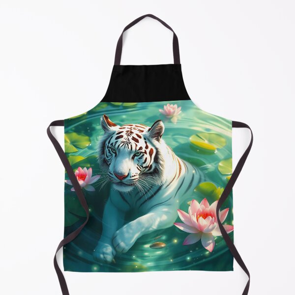 Item preview, Swimming bathing white tiger in green lake among waterlilies beautiful feline big cat digital art animal portraiture designed and sold by EmeraldeaArt.