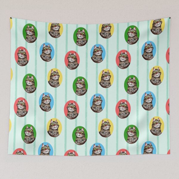 Item preview, A Cats Portrait in Green Red Blue Yellow - Stripes Background in Green designed and sold by JasmineGDesigns.