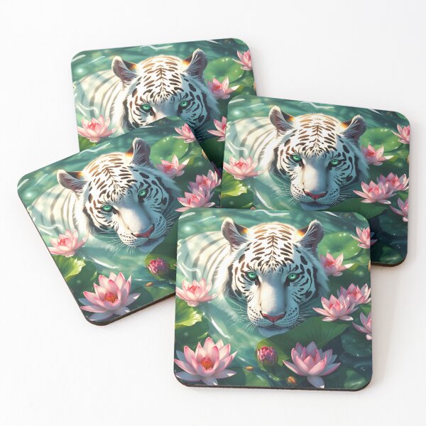 Item preview, Beautiful white tiger having a bath in a green water calm lake among waterlilies digital animal portrait designed and sold by EmeraldeaArt.