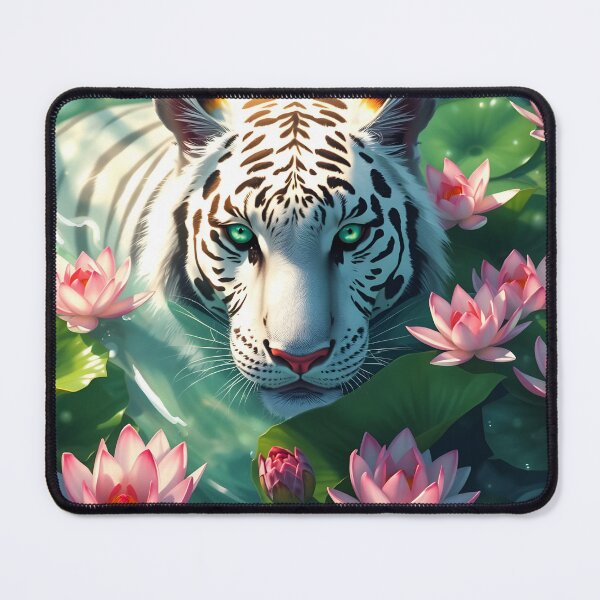 Item preview, Beautiful white tiger having a bath in a green water calm lake among waterlilies digital animal portrait designed and sold by EmeraldeaArt.