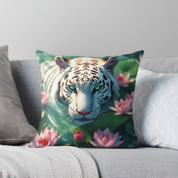Item preview, Beautiful white tiger having a bath in a green water calm lake among waterlilies digital animal portrait designed and sold by EmeraldeaArt.