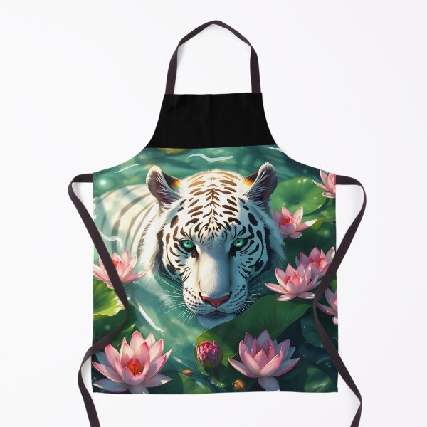 Item preview, Beautiful white tiger having a bath in a green water calm lake among waterlilies digital animal portrait designed and sold by EmeraldeaArt.