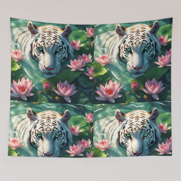 Item preview, Beautiful white tiger having a bath in a green water calm lake among waterlilies digital animal portrait designed and sold by EmeraldeaArt.