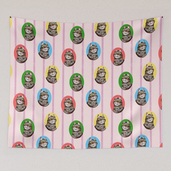 Item preview, A Cats Portrait in Green Red Blue Yellow - Stripes Background in Pink designed and sold by JasmineGDesigns.