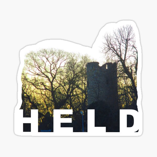 HELD in front of a castle ruin at sunrise Sticker